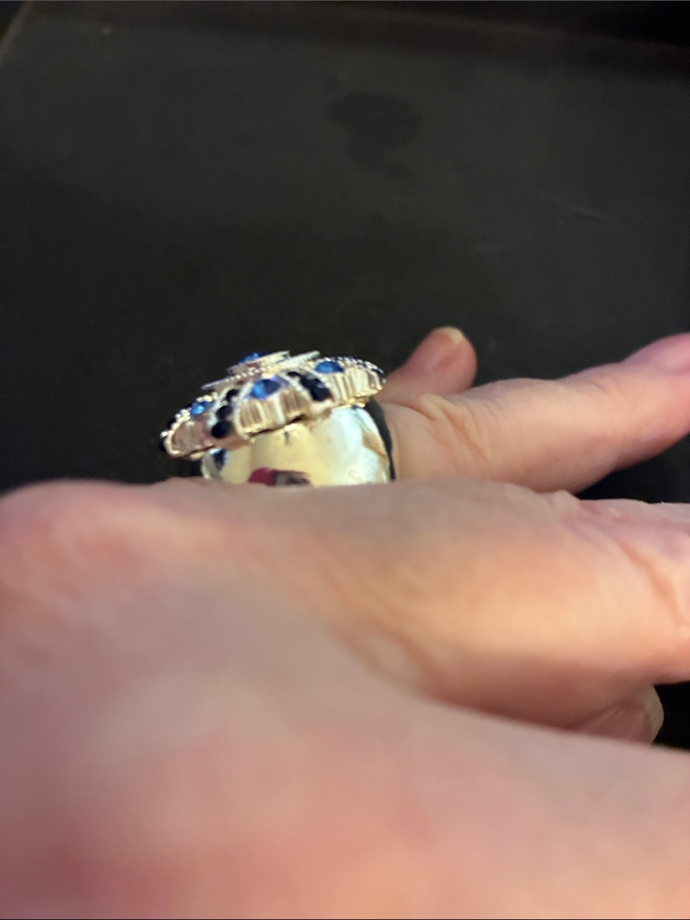 Silver Tone Bold Blue Crystal Statement Stretch Ring - Picture 3 of 11